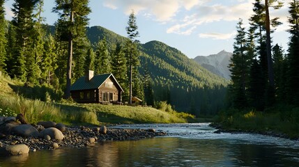 Fototapeta premium Peaceful and Scenic Mountain Cabin Nestled Amidst Tall Trees and a Tranquil Flowing River Offering a Serene Getaway in Nature s Embrace