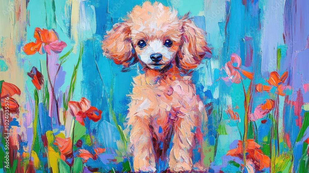 Sticker A vibrant painting of a poodle surrounded by colorful flowers against a bright background.