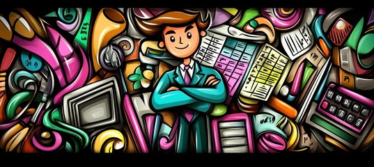 A colorful illustration featuring a confident figure surrounded by various office supplies and tools.