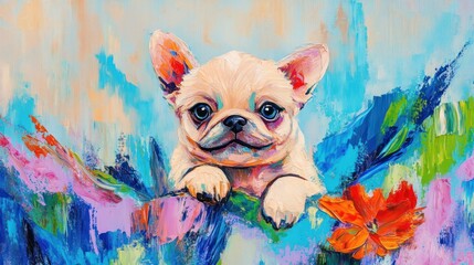 A colorful painting of a French Bulldog surrounded by vibrant flowers.
