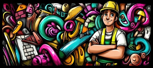 A cheerful worker stands amidst colorful, abstract shapes, symbolizing creativity and industry.