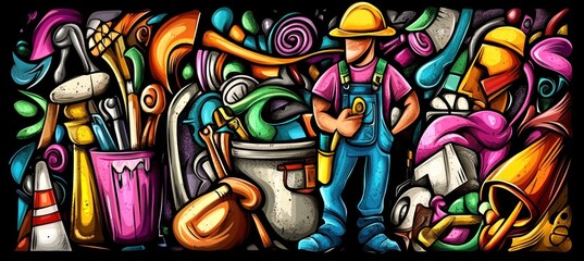 Obraz premium A colorful illustration featuring a worker surrounded by various tools and construction materials.