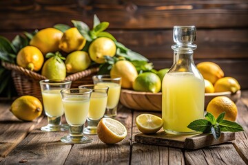 Homemade Limoncello with fresh lemons on wooden table