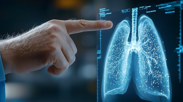 Doctor s hand pointing at a lung X ray with a holographic data overlay representing research on asthma and cancer for medical planning and diagnostics - Powered by Adobe