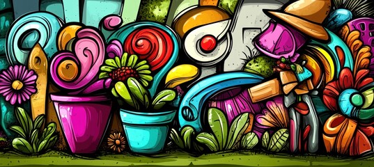 Obraz premium A vibrant garden scene with colorful pots, flowers, and a whimsical figure tending to plants.