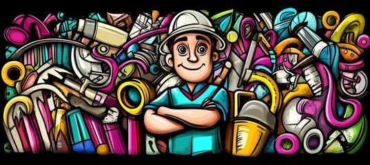A cheerful worker surrounded by various tools and equipment, showcasing a vibrant, creative environment.
