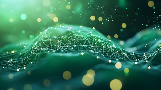 Glowing neon green patterns and light trails representing digital network connections and technological transformation with a bokeh effect for a futuristic cloud computing visual