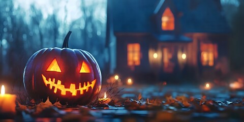 Obraz premium Halloween scary pumpkin, candles and dry leaves on the background of the evening house. halloween background.