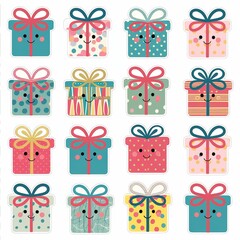 Colorful and cheerful pattern of smiling kawaii cartoon gift boxes and presents decorated with bows for birthdays and holiday celebrations.