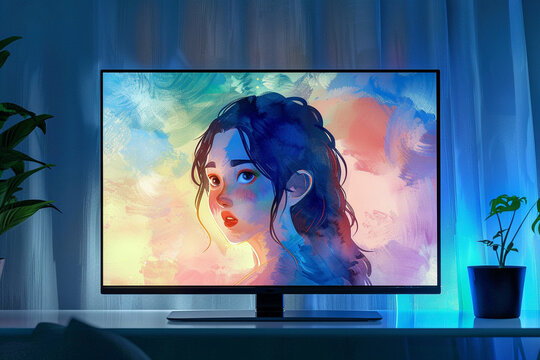 Watercolor-Style Gal Game Character Displayed on a Monitor &ndash; Smooth Side Lighting Enhances the Character&rsquo;s Emotions, Creating an Engaging and Unique Visual Experience for Players