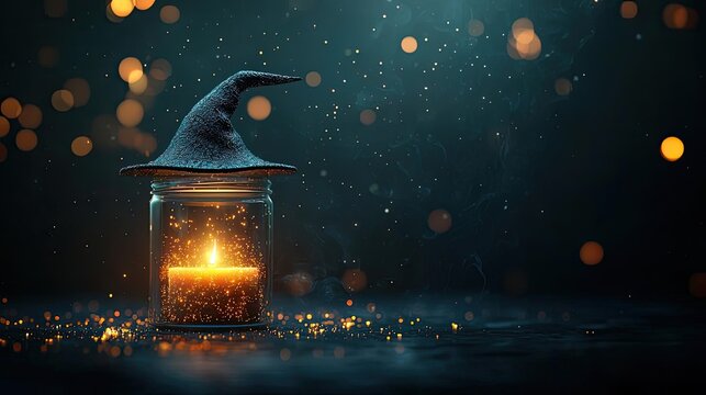 A mystical candle in a glass jar with a witch hat, surrounded by shimmering particles and a dark background.