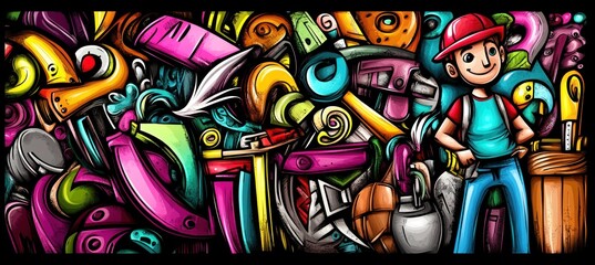 A colorful illustration featuring a cheerful character amidst various vibrant objects.