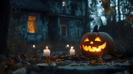 Halloween scary pumpkin, candles and dry leaves on the background of the evening house. halloween background.