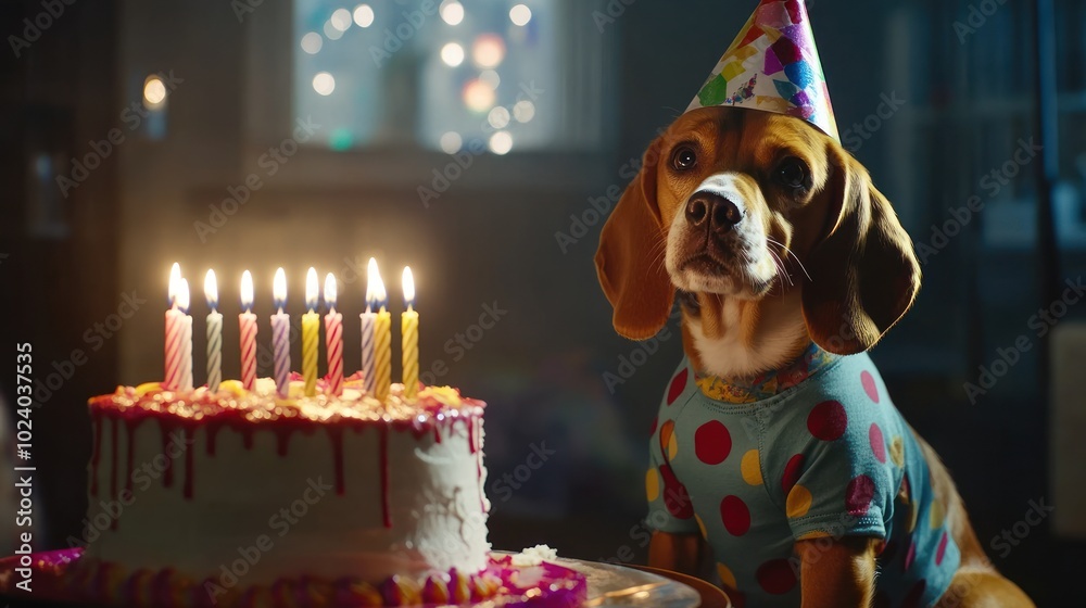 Wall mural A dog in a party hat sits beside a birthday cake with candles, celebrating a special occasion.