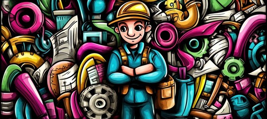 A cheerful worker stands amidst colorful tools and materials, symbolizing creativity and industry.