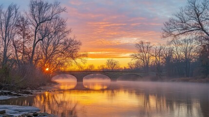 Obraz premium A serene sunrise over a river, with a bridge and misty reflections in the water.