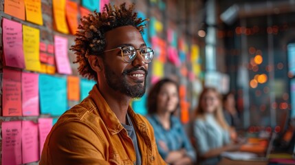 Obraz premium Young Man in Glasses Smiling Against Colorful Wall