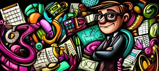A colorful illustration featuring a confident character amidst various business-related items.