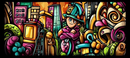 Fototapeta premium A vibrant, cartoonish cityscape featuring a character in a fireman's hat amidst whimsical elements.