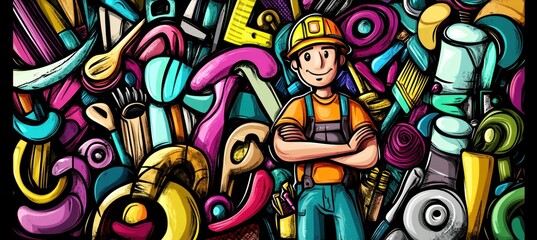 A cheerful worker stands confidently amidst a colorful array of tools and materials.