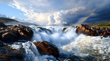 Fototapeta premium Captivating waterfall scene with water flowing in cascading sheets over a rocky ledge catching the sunlight and creating a stunning rainbow in the misty air Serene and powerful natural landscape