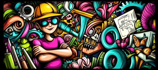 Fototapeta premium A vibrant illustration featuring a confident character surrounded by colorful tools and designs.