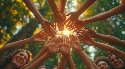 Fototapeta premium Unity in Nature: Hands Gathered Around Sunlight