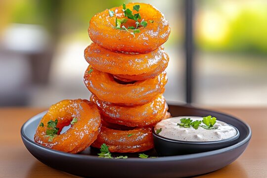 Saffron-infused jalebis stacked high, their bright orange color glowing under the lights, served with a side of rabri for an indulgent treat