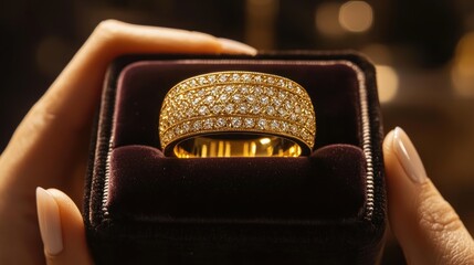 A luxurious gold ring adorned with sparkling diamonds in a velvet box, symbolizing elegance.