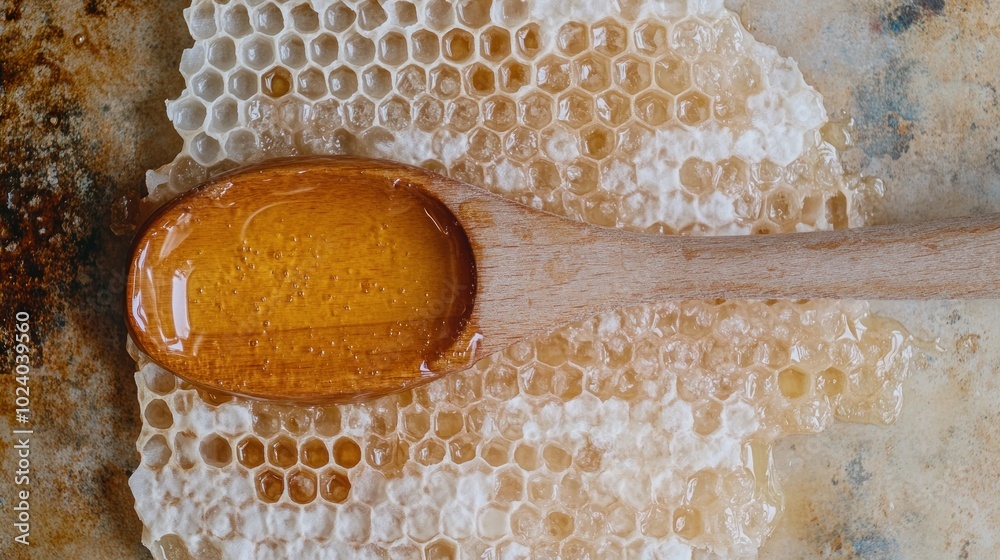 Sticker A wooden spoon rests on honeycomb filled with golden honey, showcasing natural sweetness.