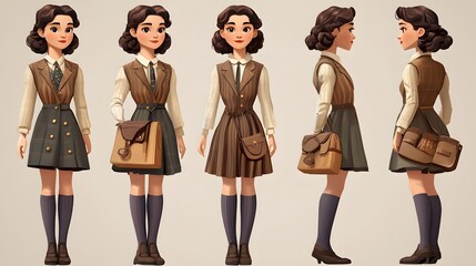 Five different views of a cartoon girl in vintage school uniform.