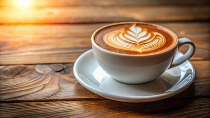 Obraz premium Hot latte art coffee on wooden table in cozy cafe