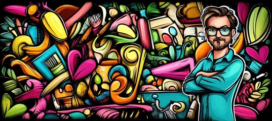 Obraz premium A colorful abstract background with a man in glasses, combining creativity and design elements.