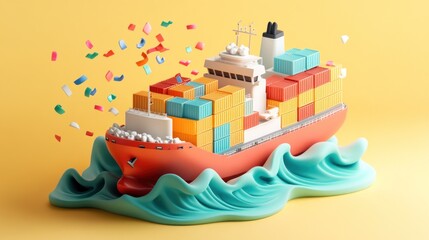 A colorful cargo ship surrounded by waves, symbolizing shipping and logistics.