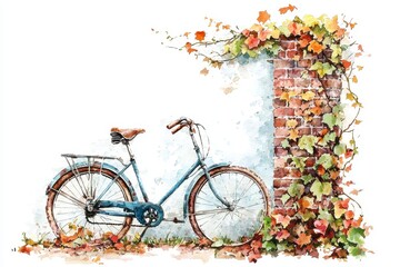 Fototapeta premium A charming bicycle beside a brick wall adorned with colorful ivy leaves, capturing a serene autumn scene.