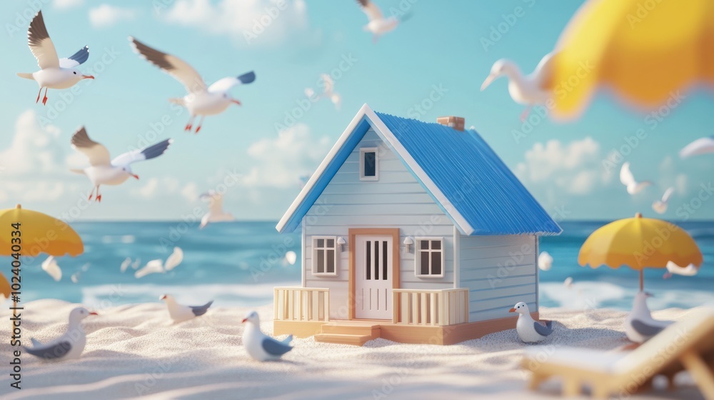 Canvas Prints A whimsical beach scene with a small house, seagulls, and beach umbrellas by the ocean.