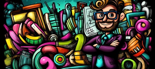 A colorful, whimsical illustration of a smiling man surrounded by various creative objects.