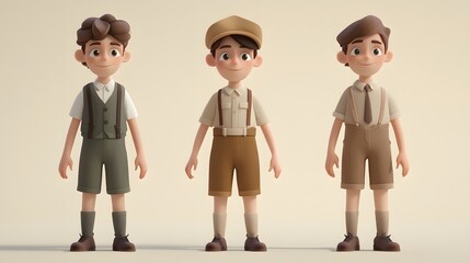 Naklejka premium Three cartoon boys in vintage clothing standing side by side on a plain background.