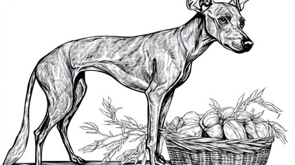 Fototapeta premium A stylized illustration of a dog beside a basket of vegetables.