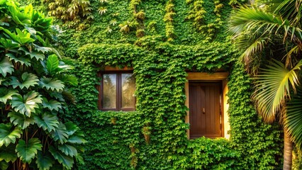 House exterior covered in ivy with palm leaves in foreground