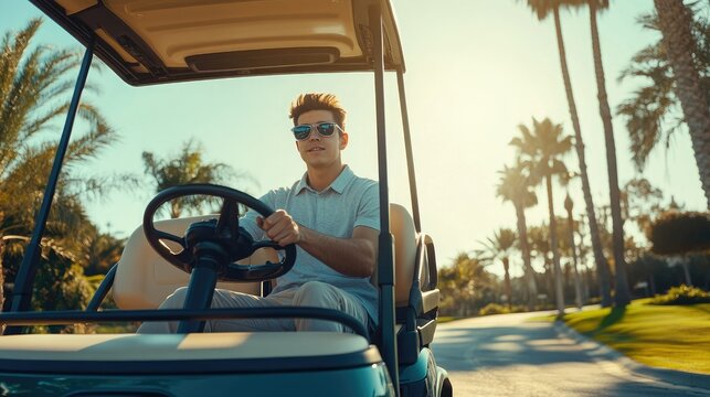 Man golfer driving golf cart on golf course in summer sunny day, outdoor activity lifestyle sport concept