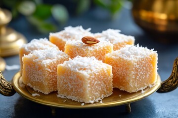Sweet coconut barfi sprinkled with desiccated coconut and topped with a single almond, presented on a traditional brass dish