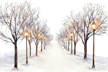Fototapeta premium A serene winter scene featuring bare trees lining a snow-covered path illuminated by lamp posts, creating a peaceful atmosphere.
