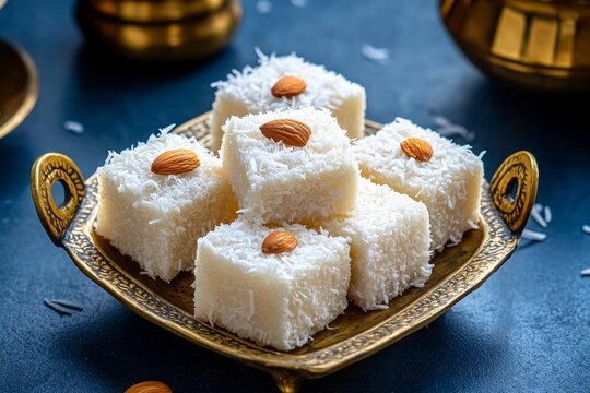 Sweet coconut barfi sprinkled with desiccated coconut and topped with a single almond, presented on a traditional brass dish