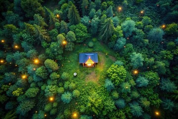 house with fireflies in forest