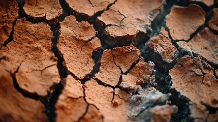 Fototapeta premium Dry parched ground with deep fissures illustrating the effects of drought and global warming in Texas optimized for imagery Cybernetic tone and triadic color scheme create a futuristic