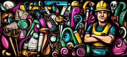 A colorful illustration featuring a construction worker amidst various tools and objects.