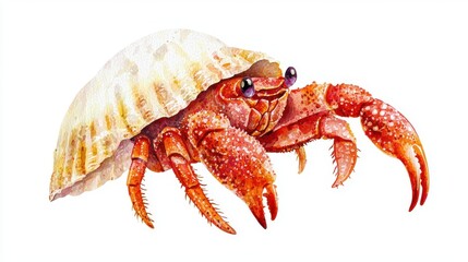 A vibrant illustration of a hermit crab showcasing its detailed shell and claws against a white background.