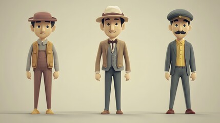 Three cartoon men in vintage clothing stand together.