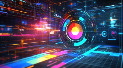 Fototapeta premium Abstract digital design with vibrant colors and geometric shapes, suggesting technology and innovation.